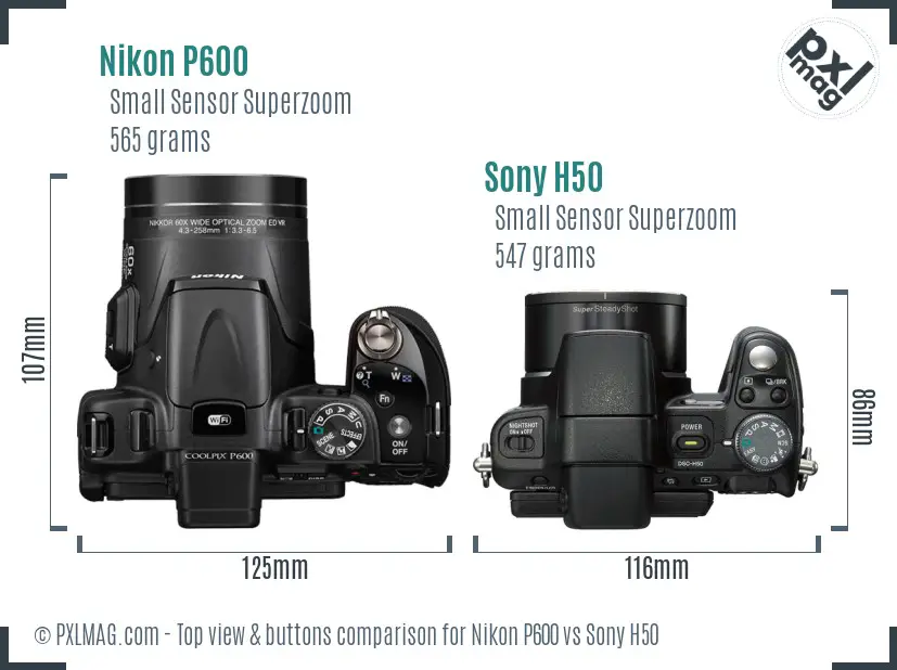 Nikon P600 vs Sony H50 top view buttons comparison