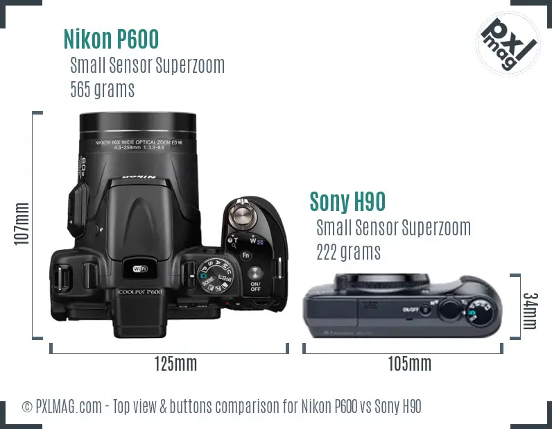 Nikon P600 vs Sony H90 top view buttons comparison