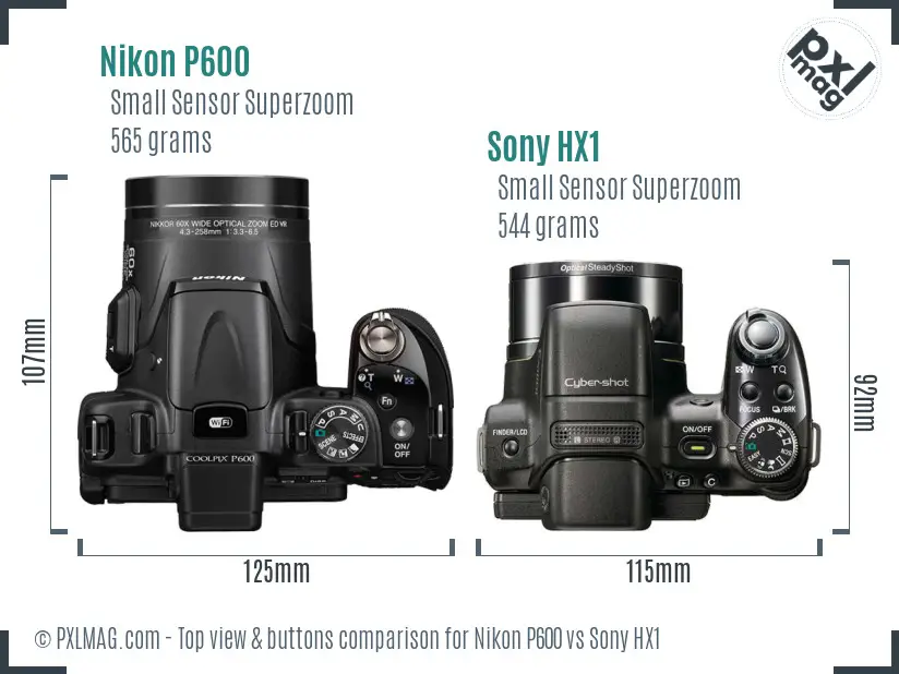 Nikon P600 vs Sony HX1 top view buttons comparison