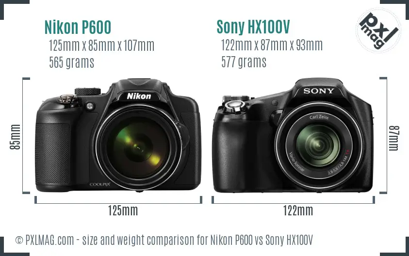 Nikon P600 vs Sony HX100V size comparison