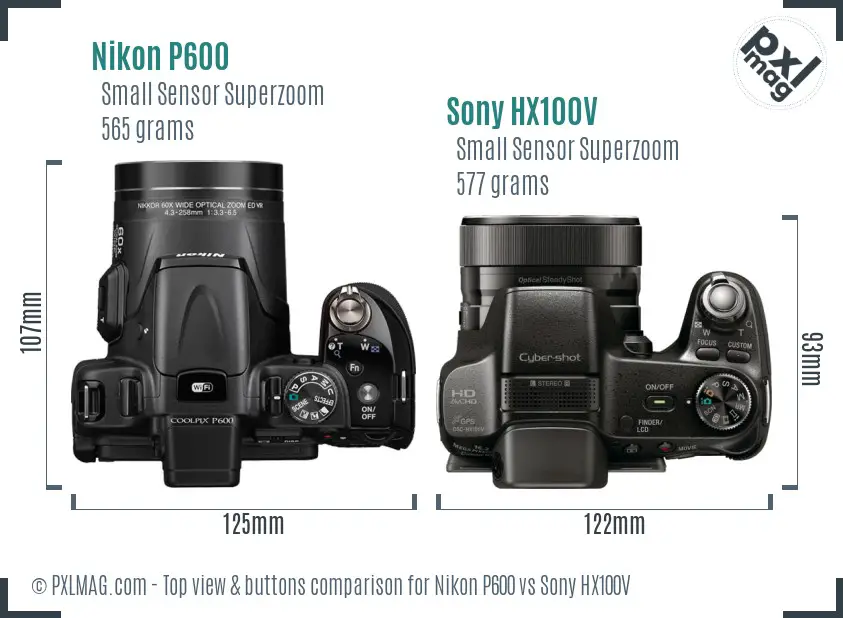 Nikon P600 vs Sony HX100V top view buttons comparison