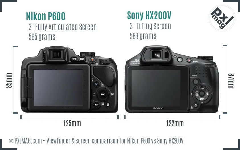Nikon P600 vs Sony HX200V Screen and Viewfinder comparison