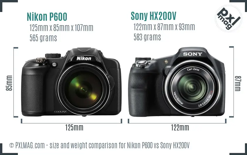 Nikon P600 vs Sony HX200V size comparison