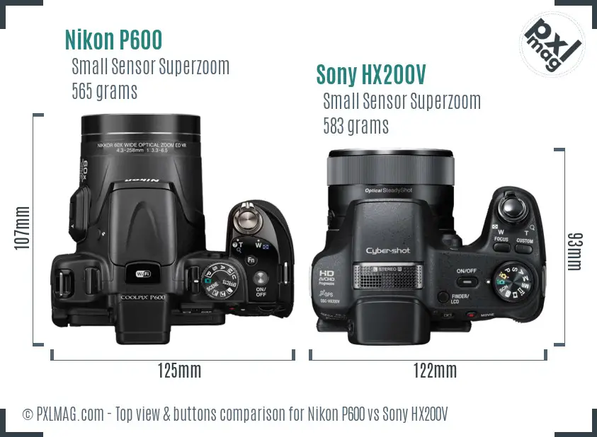 Nikon P600 vs Sony HX200V top view buttons comparison