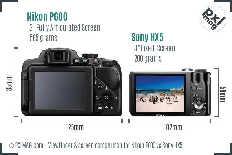 Nikon P600 vs Sony HX5 Screen and Viewfinder comparison