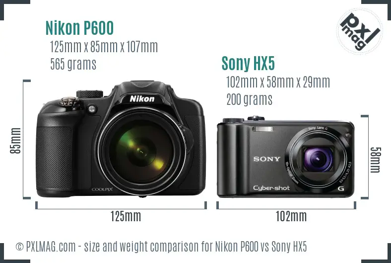 Nikon P600 vs Sony HX5 size comparison