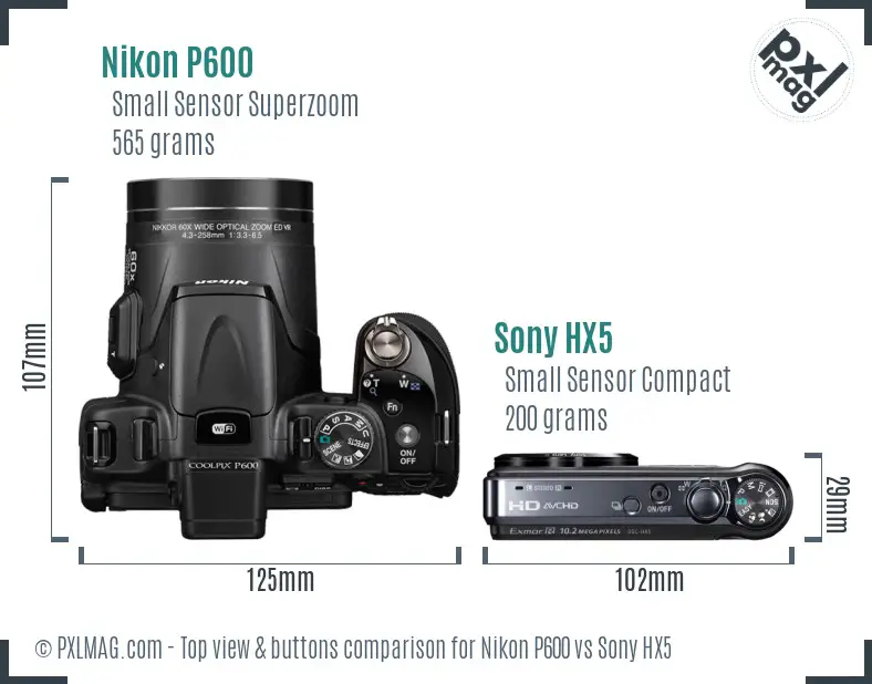 Nikon P600 vs Sony HX5 top view buttons comparison