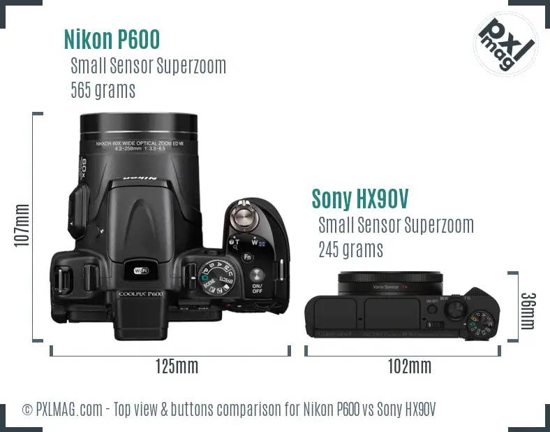 Nikon P600 vs Sony HX90V top view buttons comparison Nikon P600 vs Sony HX90V top view buttons comparison