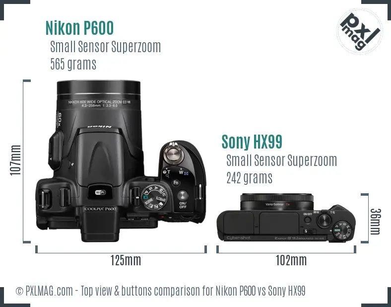 Nikon P600 vs Sony HX99 top view buttons comparison