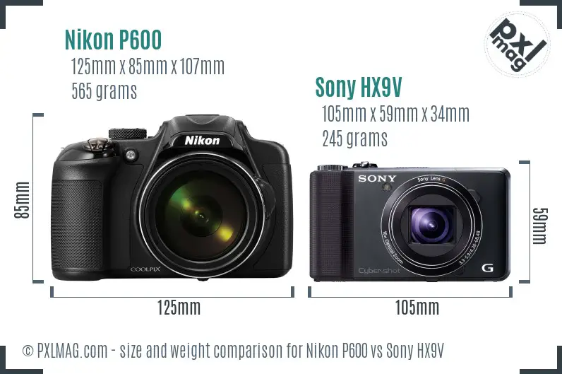 Nikon P600 vs Sony HX9V size comparison