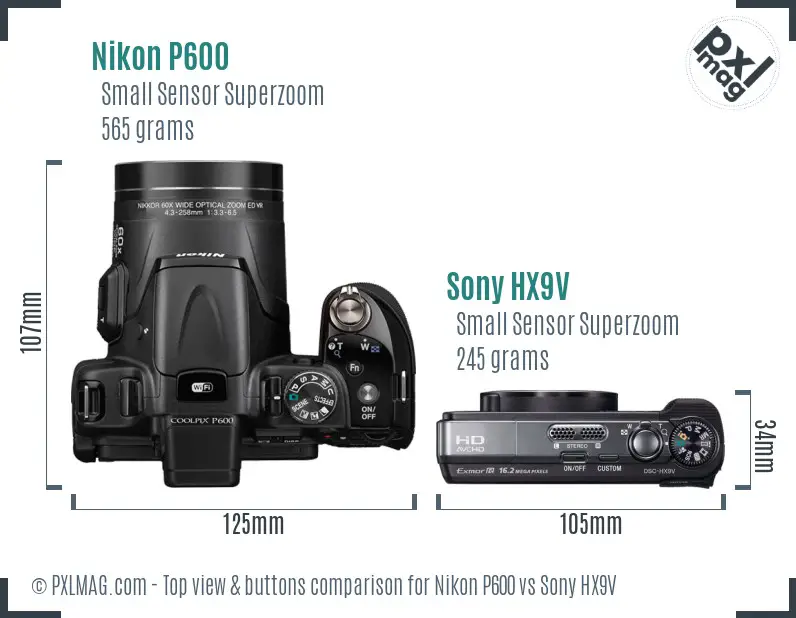 Nikon P600 vs Sony HX9V top view buttons comparison