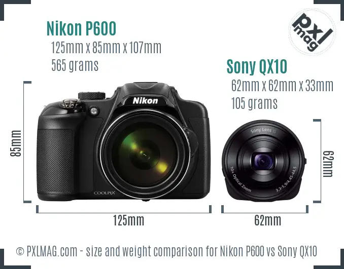Nikon P600 vs Sony QX10 size comparison