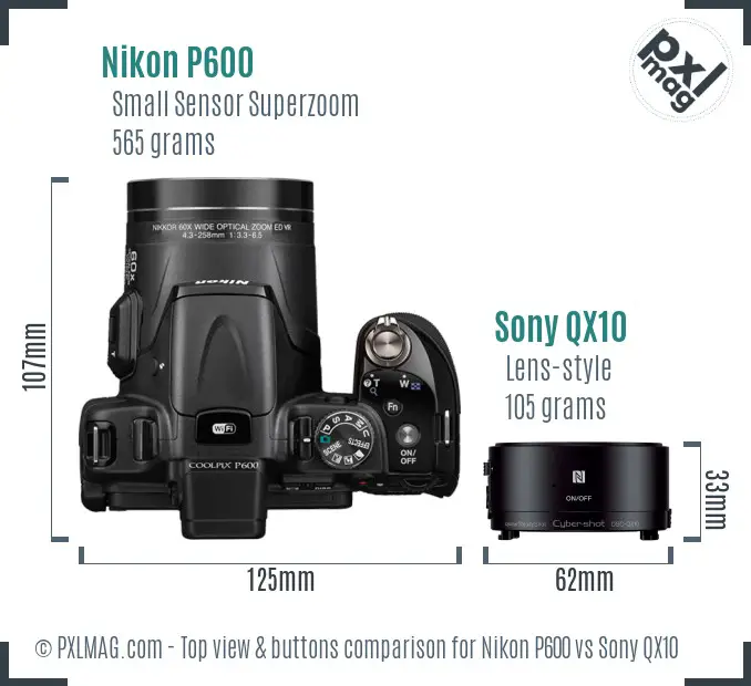 Nikon P600 vs Sony QX10 top view buttons comparison
