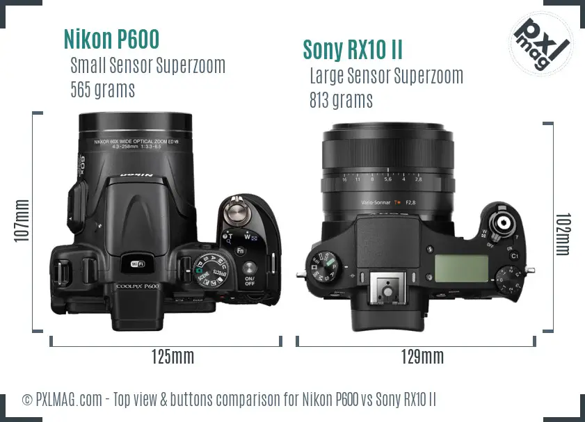 Nikon P600 vs Sony RX10 II top view buttons comparison