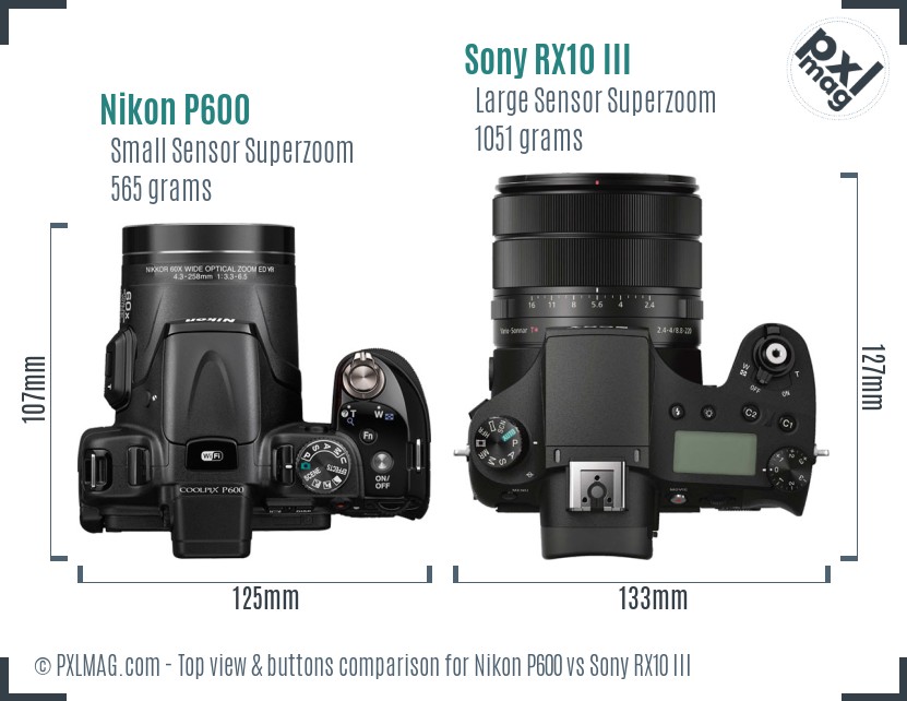 Nikon P600 vs Sony RX10 III top view buttons comparison