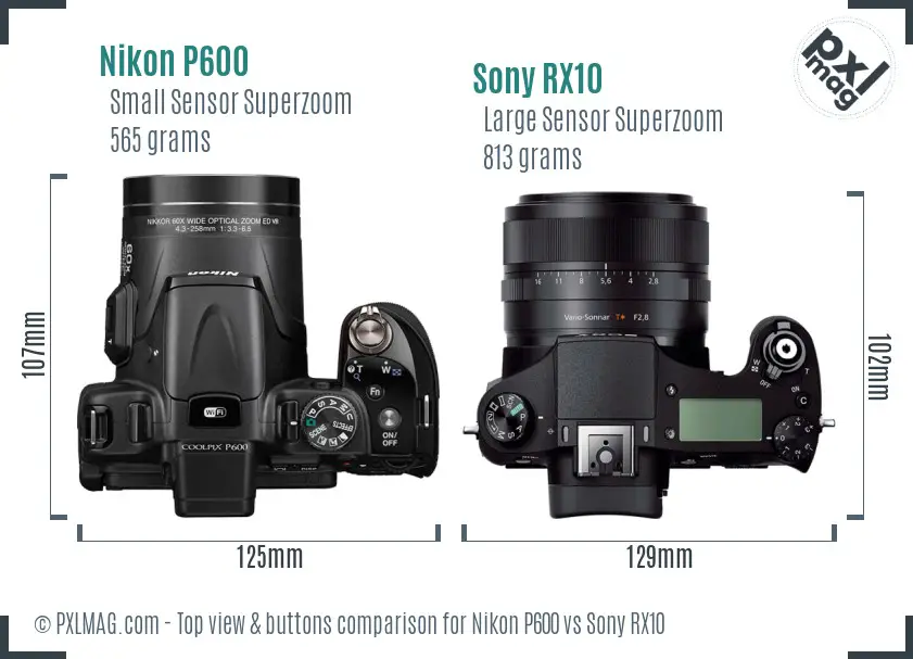 Nikon P600 vs Sony RX10 top view buttons comparison