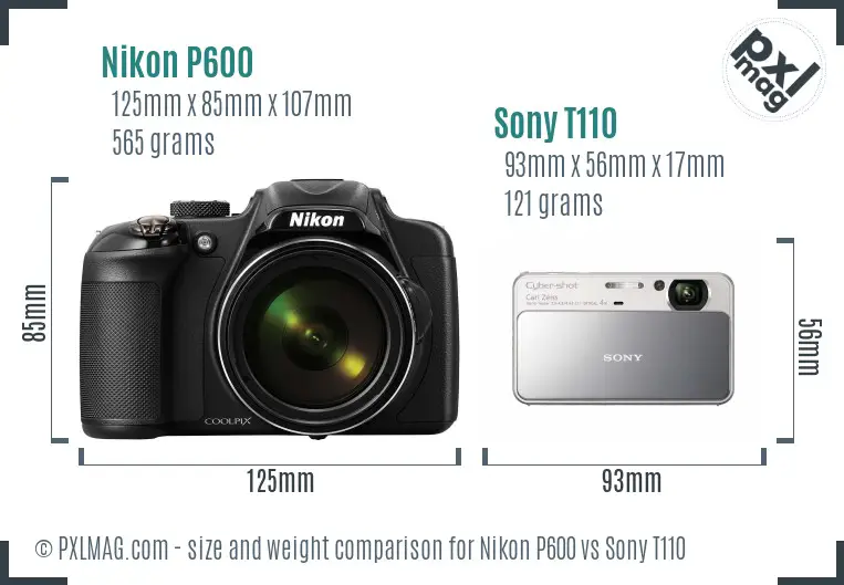 Nikon P600 vs Sony T110 size comparison