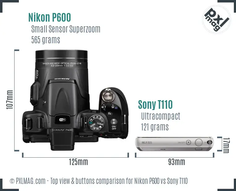 Nikon P600 vs Sony T110 top view buttons comparison