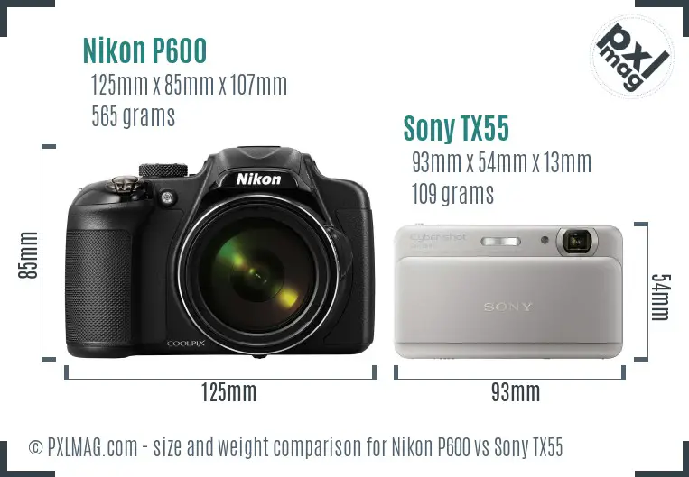 Nikon P600 vs Sony TX55 size comparison