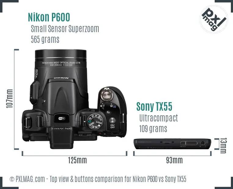 Nikon P600 vs Sony TX55 top view buttons comparison