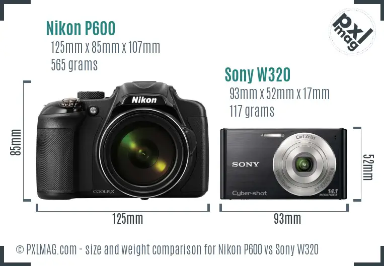 Nikon P600 vs Sony W320 size comparison