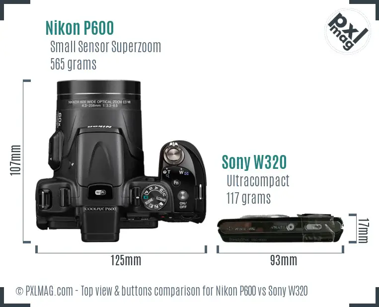 Nikon P600 vs Sony W320 top view buttons comparison