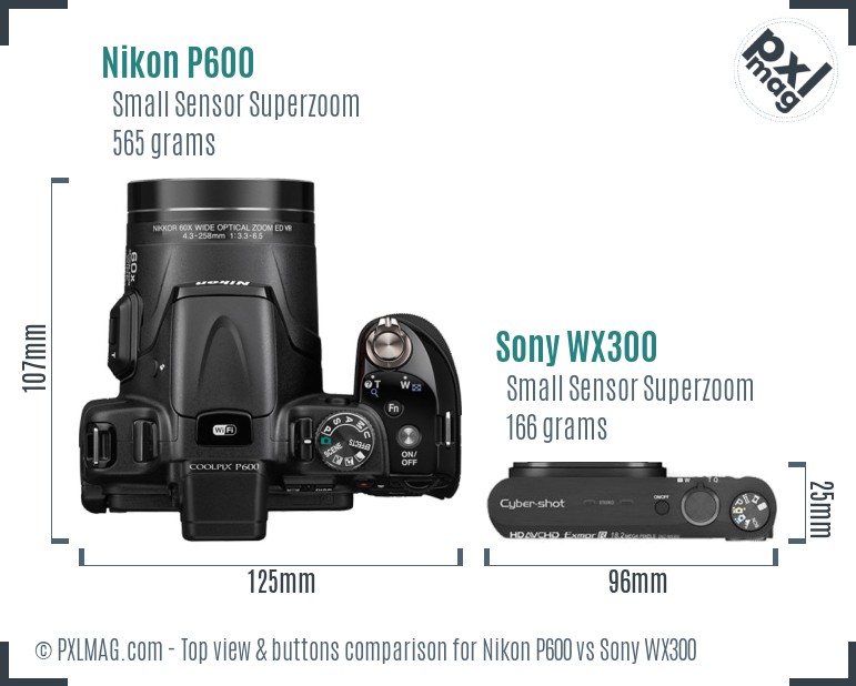 Nikon P600 vs Sony WX300 top view buttons comparison