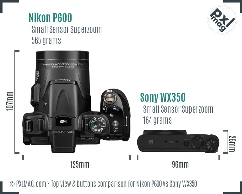 Nikon P600 vs Sony WX350 top view buttons comparison
