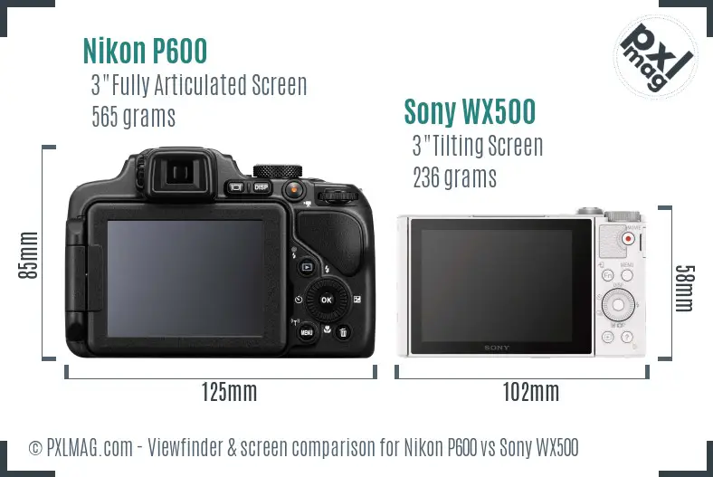 Nikon P600 vs Sony WX500 Screen and Viewfinder comparison