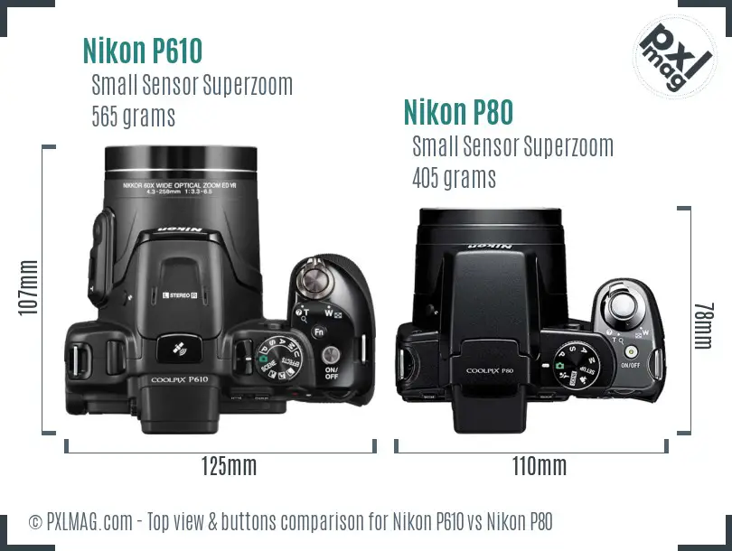 Nikon P610 vs Nikon P80 top view buttons comparison