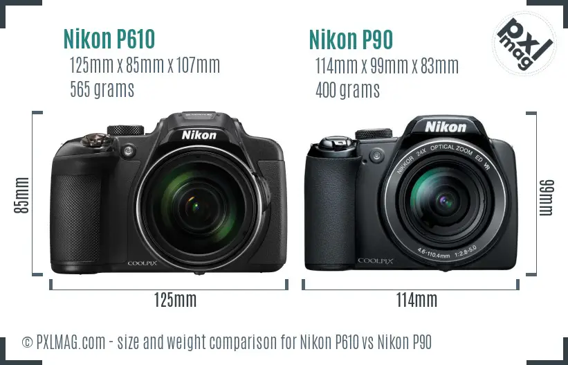Nikon P610 vs Nikon P90 size comparison