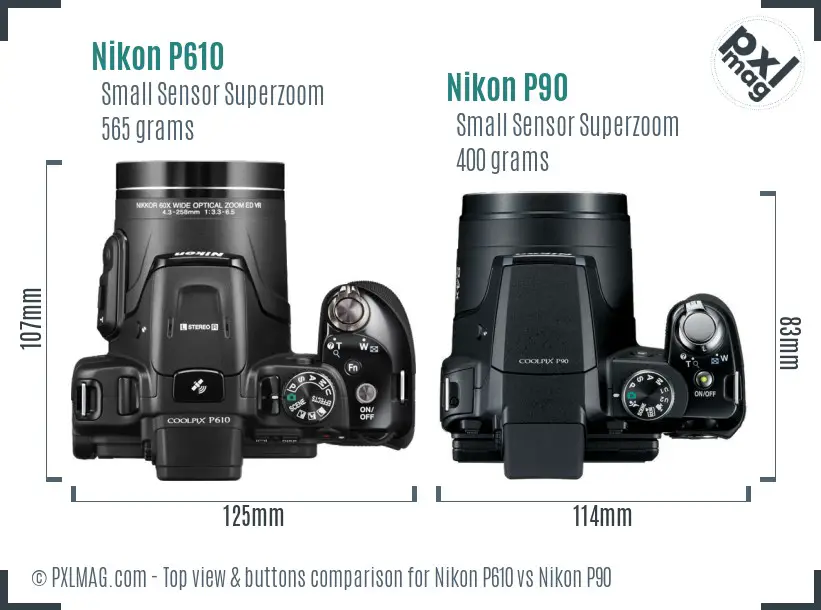 Nikon P610 vs Nikon P90 top view buttons comparison