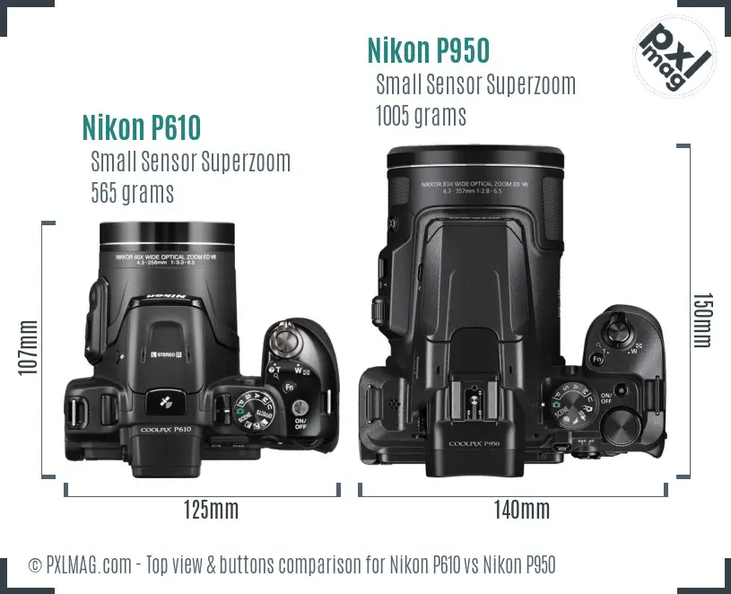 Nikon P610 vs Nikon P950 top view buttons comparison