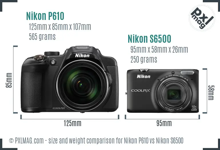 Nikon P610 vs Nikon S6500 size comparison