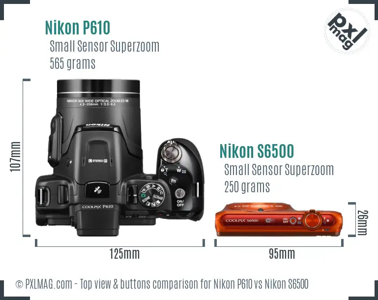 Nikon P610 vs Nikon S6500 top view buttons comparison