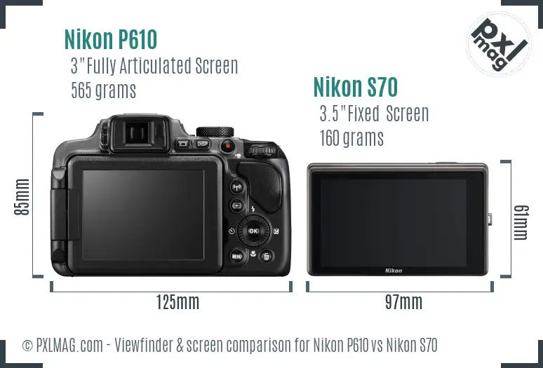 Nikon P610 vs Nikon S70 Screen and Viewfinder comparison