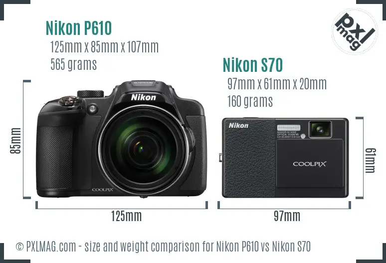 Nikon P610 vs Nikon S70 size comparison