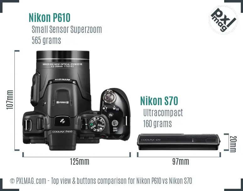 Nikon P610 vs Nikon S70 top view buttons comparison