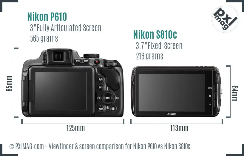 Nikon P610 vs Nikon S810c Screen and Viewfinder comparison