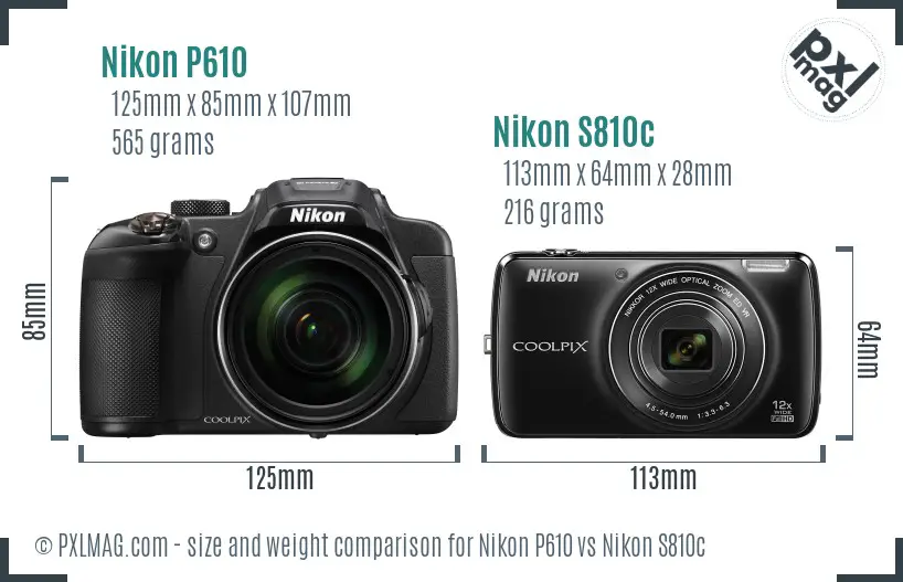 Nikon P610 vs Nikon S810c size comparison