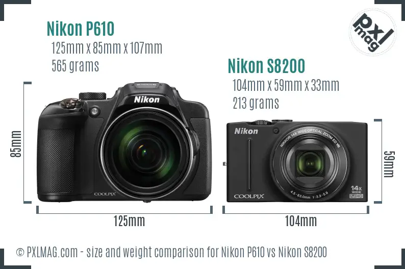 Nikon P610 vs Nikon S8200 size comparison