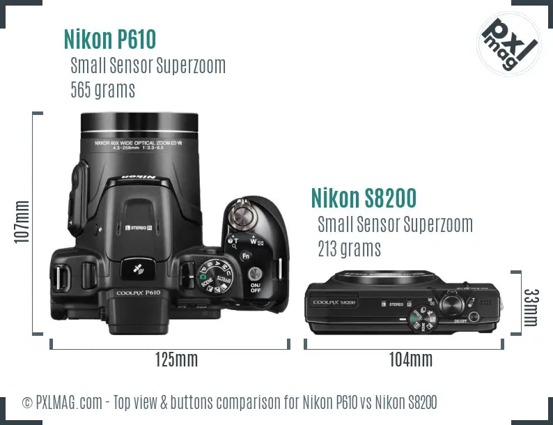 Nikon P610 vs Nikon S8200 top view buttons comparison