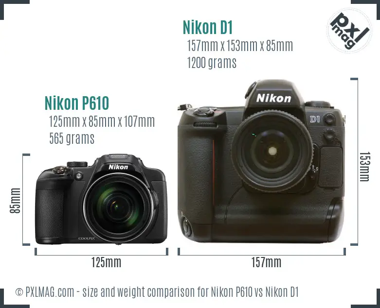 Nikon P610 vs Nikon D1 size comparison