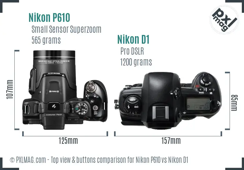 Nikon P610 vs Nikon D1 top view buttons comparison