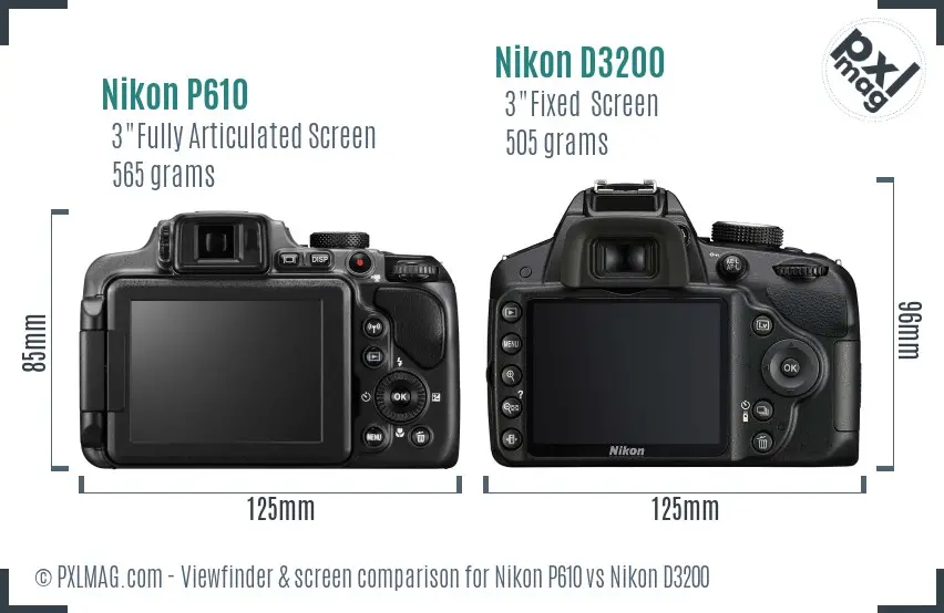Nikon P610 vs Nikon D3200 Screen and Viewfinder comparison Nikon P610 vs Nikon D3200 Screen and Viewfinder comparison