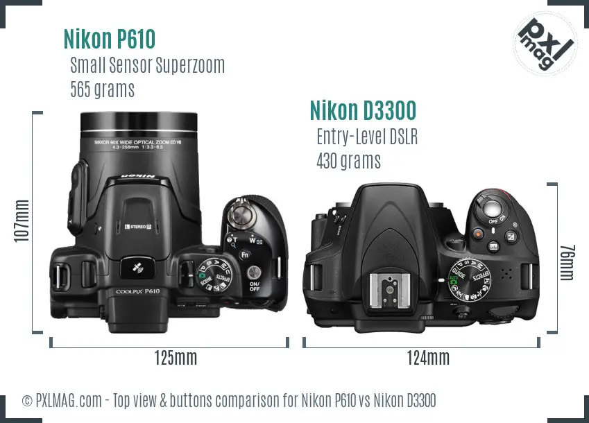 Nikon P610 vs Nikon D3300 top view buttons comparison Nikon P610 vs Nikon D3300 top view buttons comparison