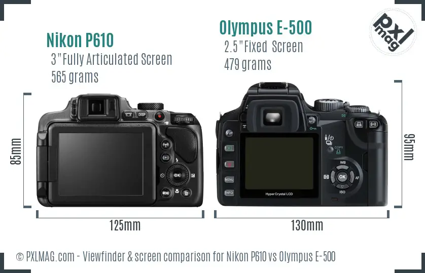 Nikon P610 vs Olympus E-500 Screen and Viewfinder comparison