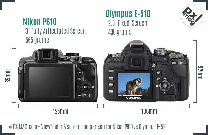 Nikon P610 vs Olympus E-510 Screen and Viewfinder comparison