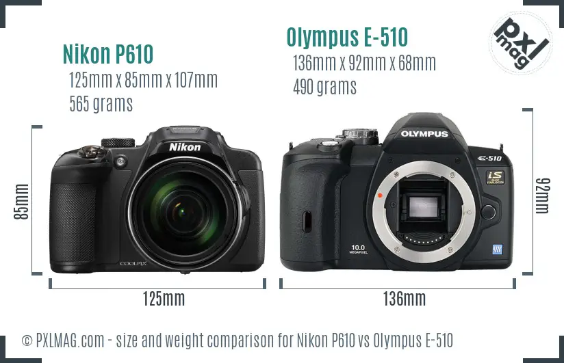 Nikon P610 vs Olympus E-510 size comparison