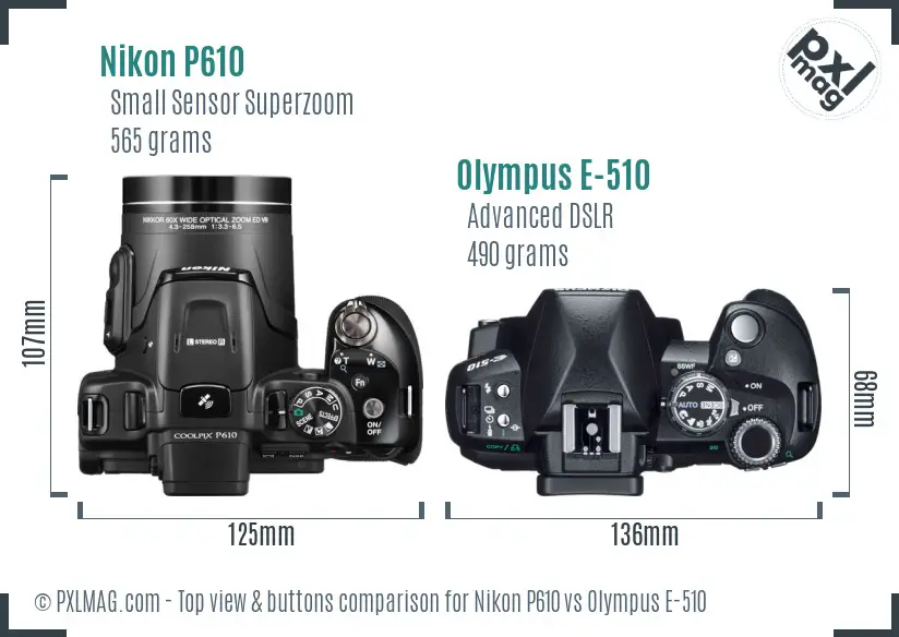 Nikon P610 vs Olympus E-510 top view buttons comparison